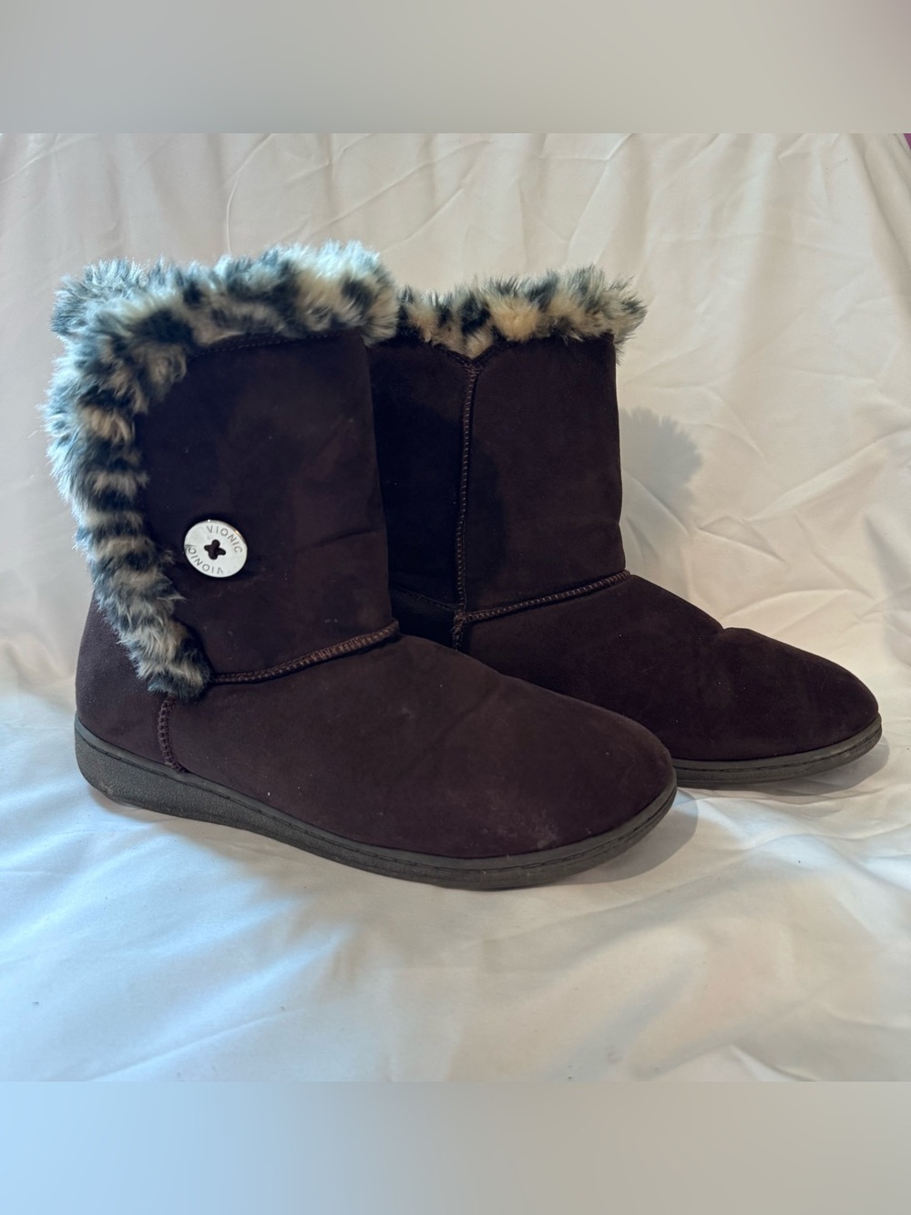 Vionic Fairfax Brown & Gray Faux Fur Lined Half Booties Women’s Size 9 Winter